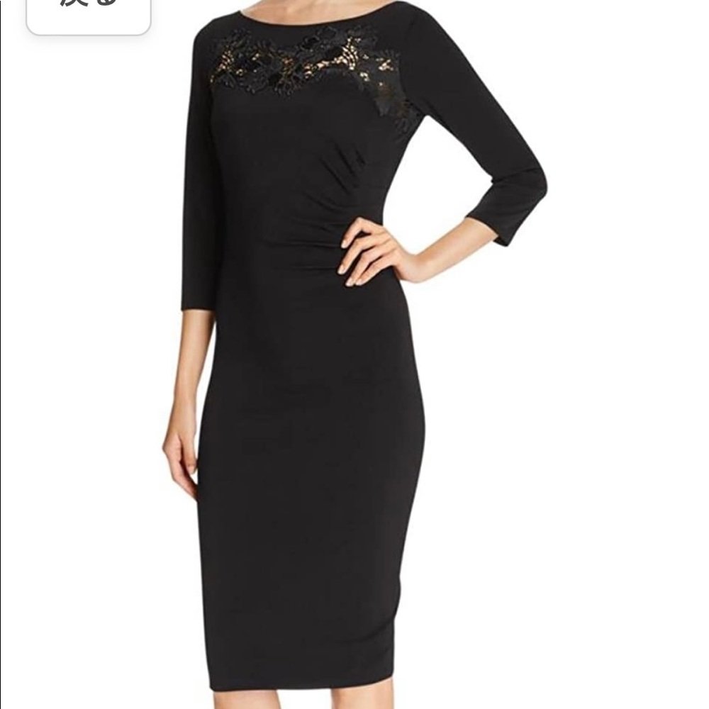 T Tahari black three-quarter long sleeve midi dress with lace detail